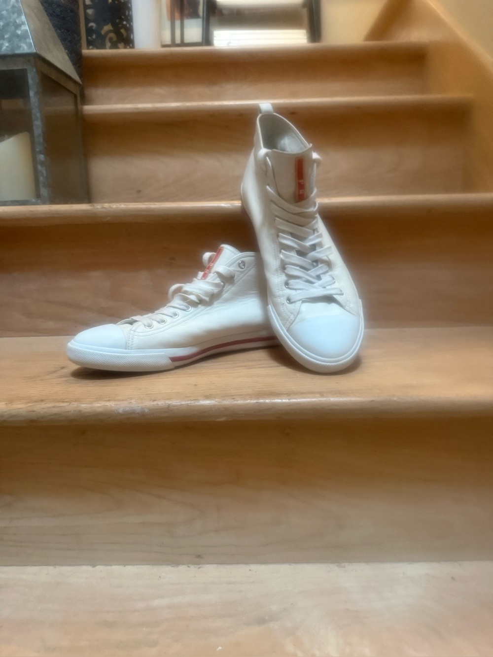 Prada Men’s Linea Rossa Red Tab Leather Mid-top Sneakers (Off-white, 10US) - Picture 9 of 15
